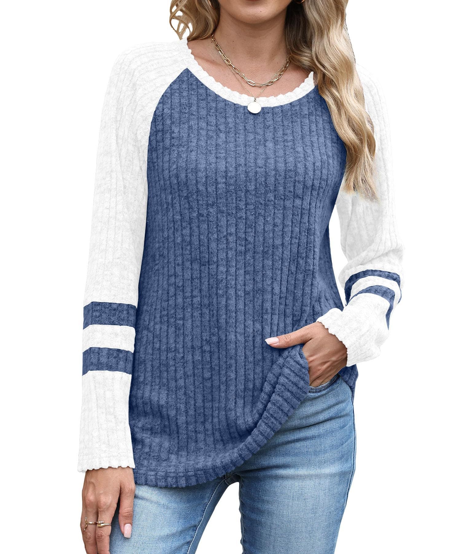 European And American Fashion Long Sleeve Contrast Color Sweater Round Neck Top