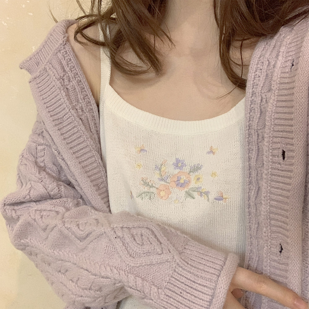 Retro Gentle Cream Color Flower Summer Cute Girl Knitting With A Small Sling