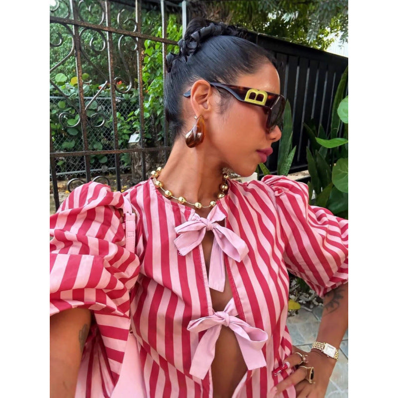 Fashion Stripes Padded Shoulder Bow Top