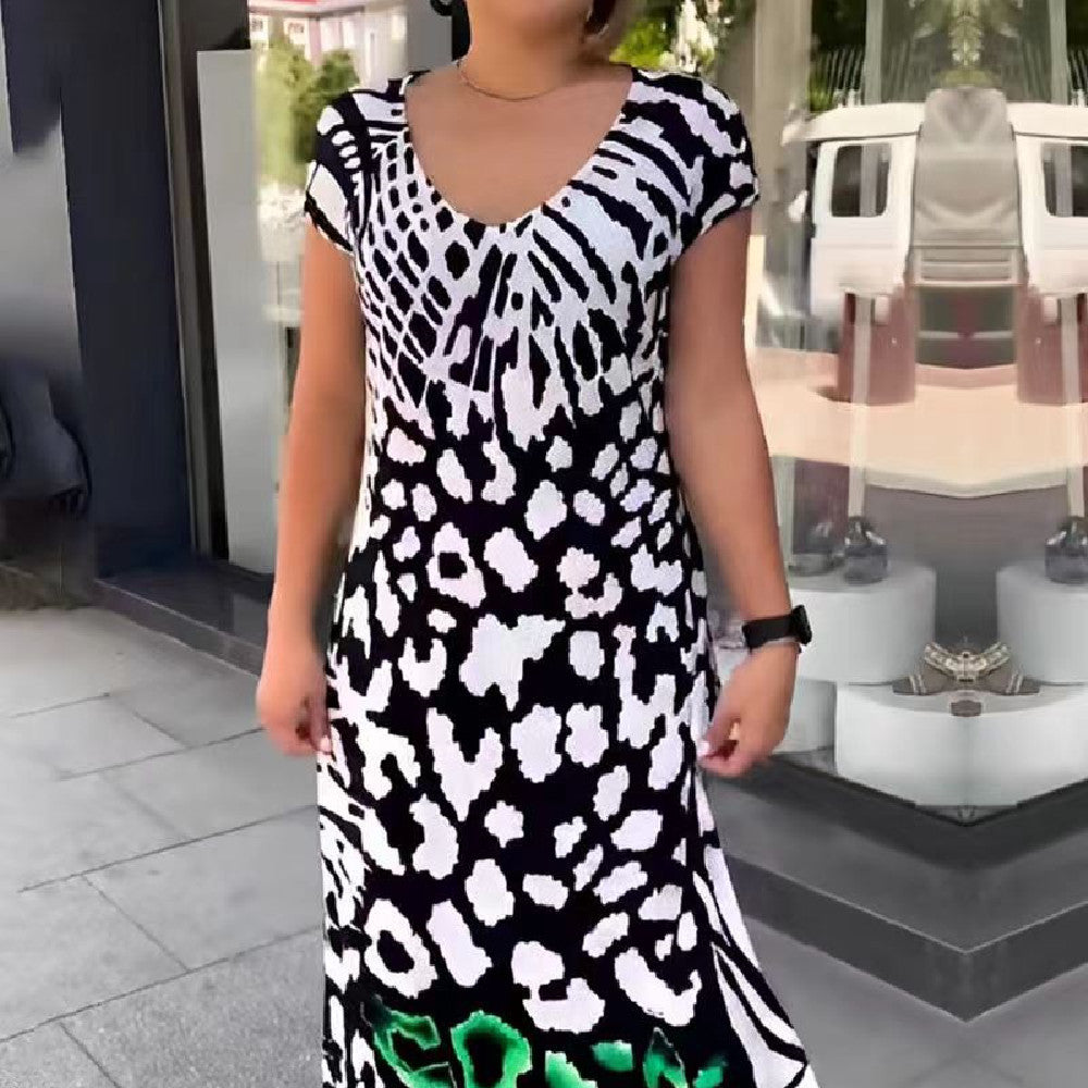 New Fashion Print Round Neck Loose Split Long Dress Women