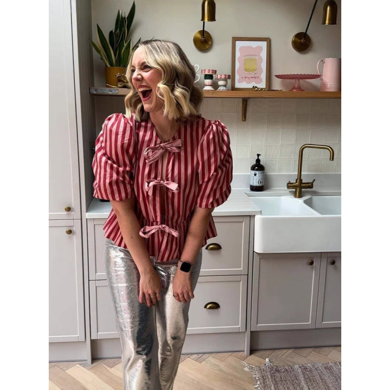 Fashion Stripes Padded Shoulder Bow Top