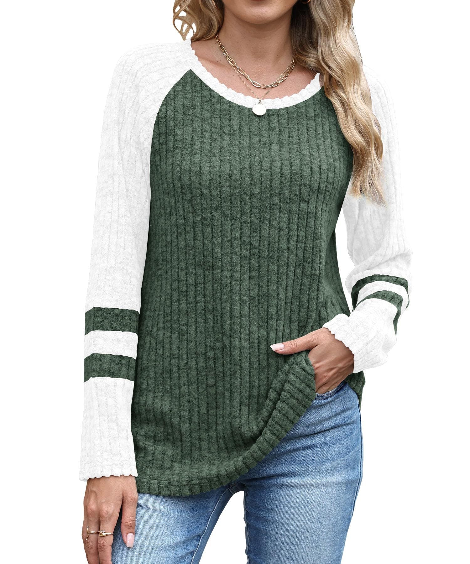 European And American Fashion Long Sleeve Contrast Color Sweater Round Neck Top