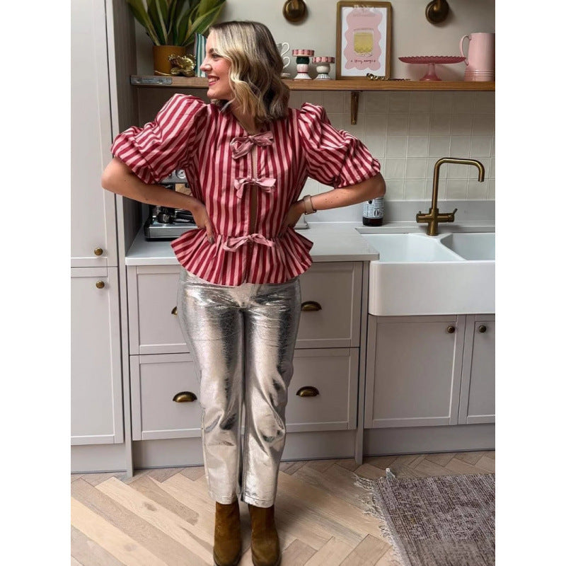 Fashion Stripes Padded Shoulder Bow Top