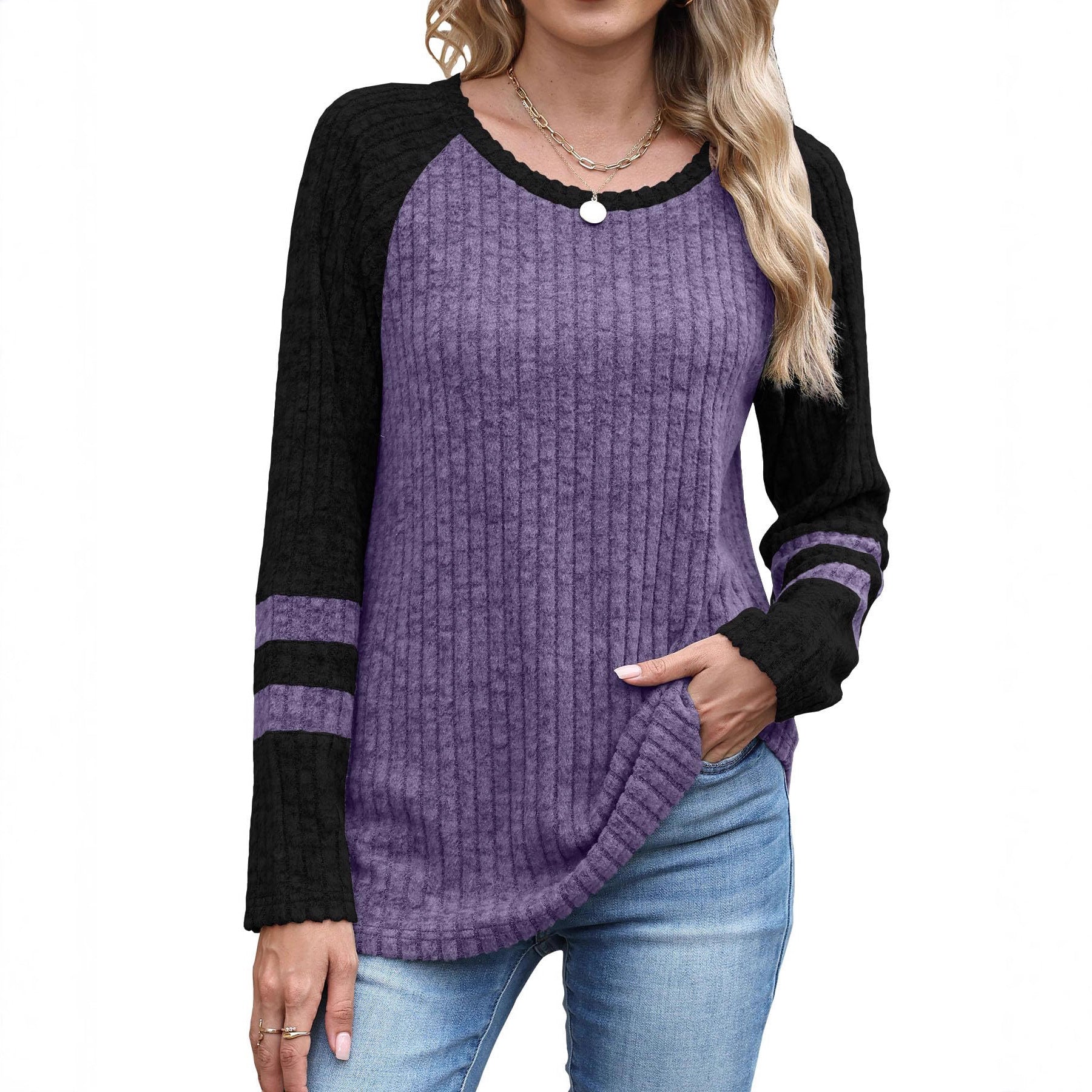 European And American Fashion Long Sleeve Contrast Color Sweater Round Neck Top