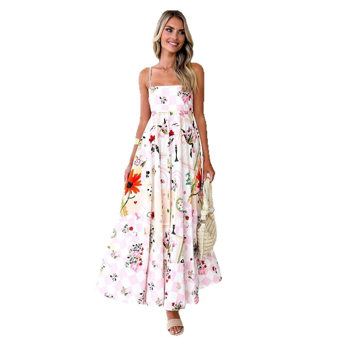 Women's Fashion Printed Backless Sling Large Swing High Waist Dress