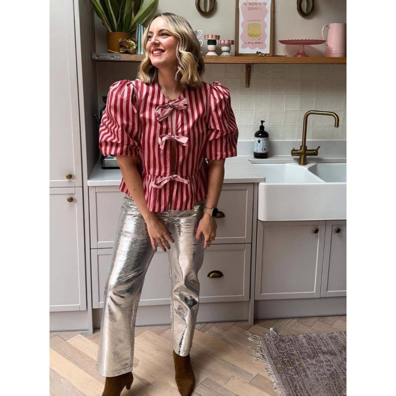 Fashion Stripes Padded Shoulder Bow Top