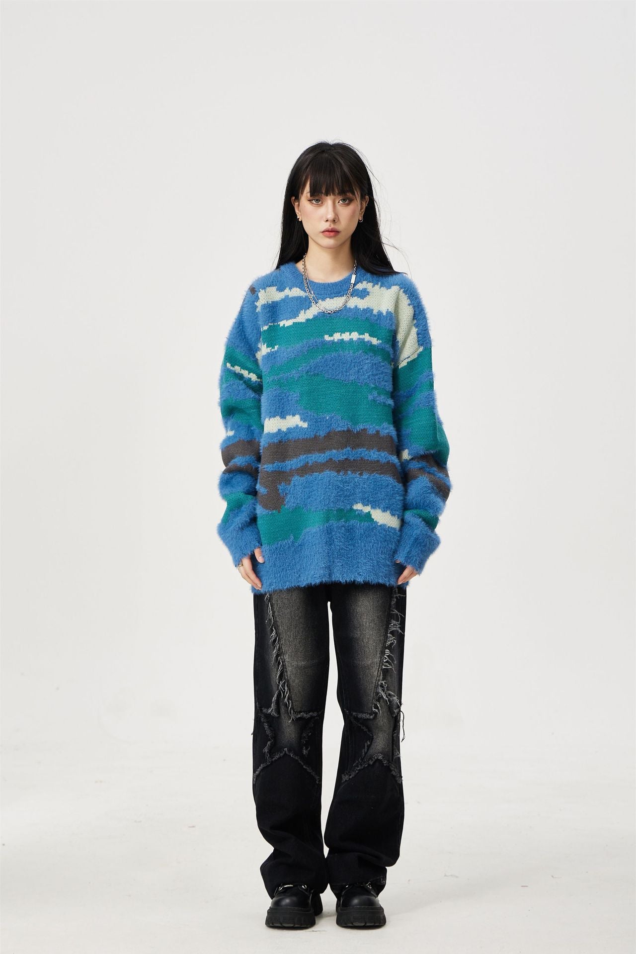 Heavy Color Matching Furry Round Neck Sweater