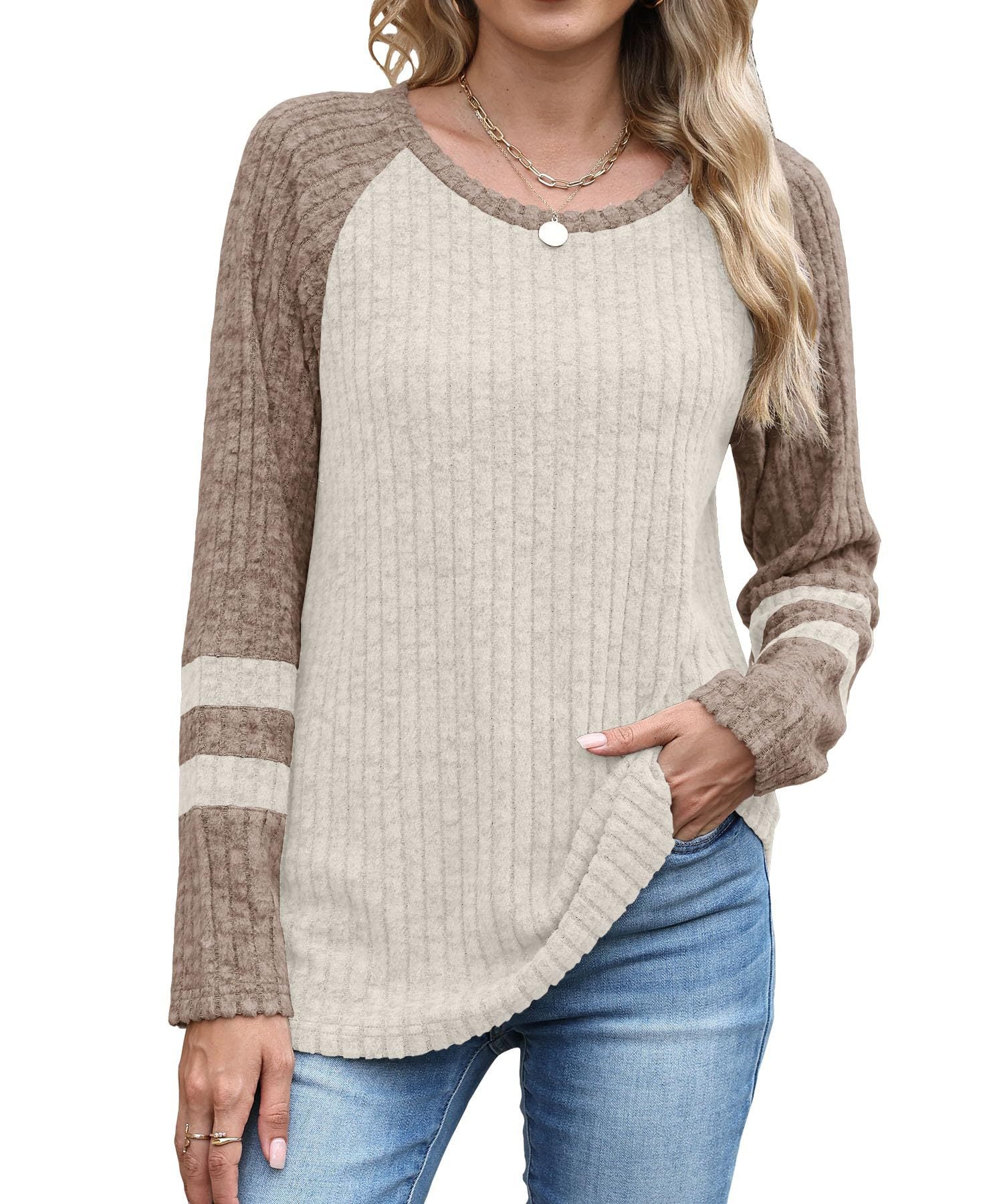 European And American Fashion Long Sleeve Contrast Color Sweater Round Neck Top