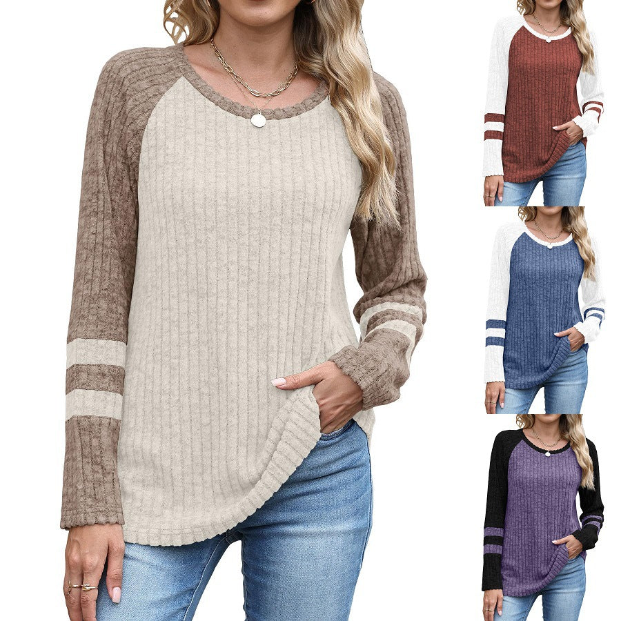 European And American Fashion Long Sleeve Contrast Color Sweater Round Neck Top