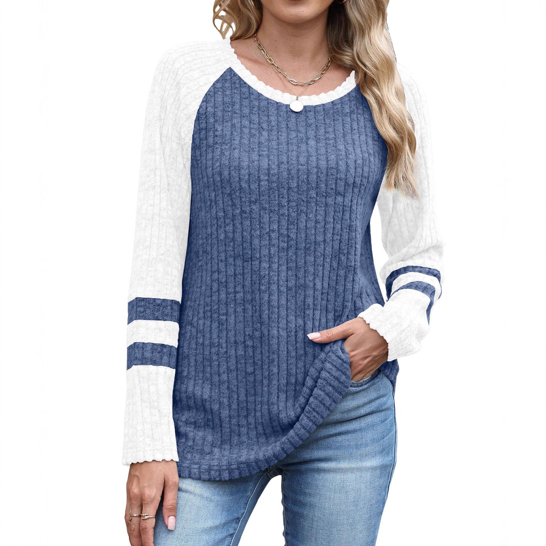 European And American Fashion Long Sleeve Contrast Color Sweater Round Neck Top