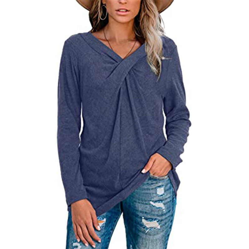 V-neck long-sleeved neckline casual t-shirt