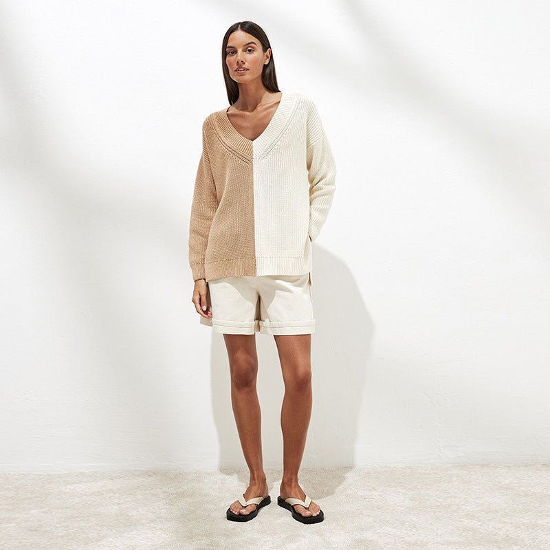 Women's Stitching V-neck Casual Loose Knit Sweater