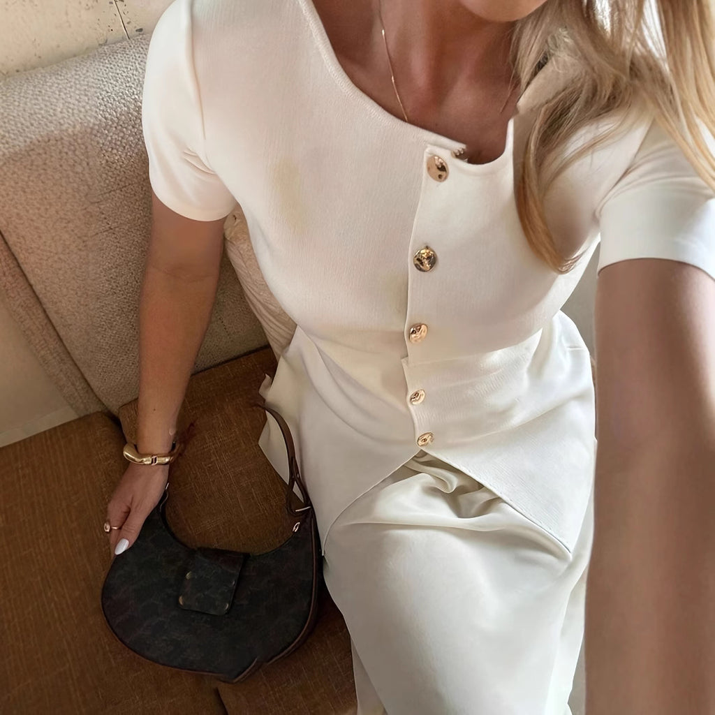 Women's Round Neck Metal Button Design Solid Color Short Sleeve