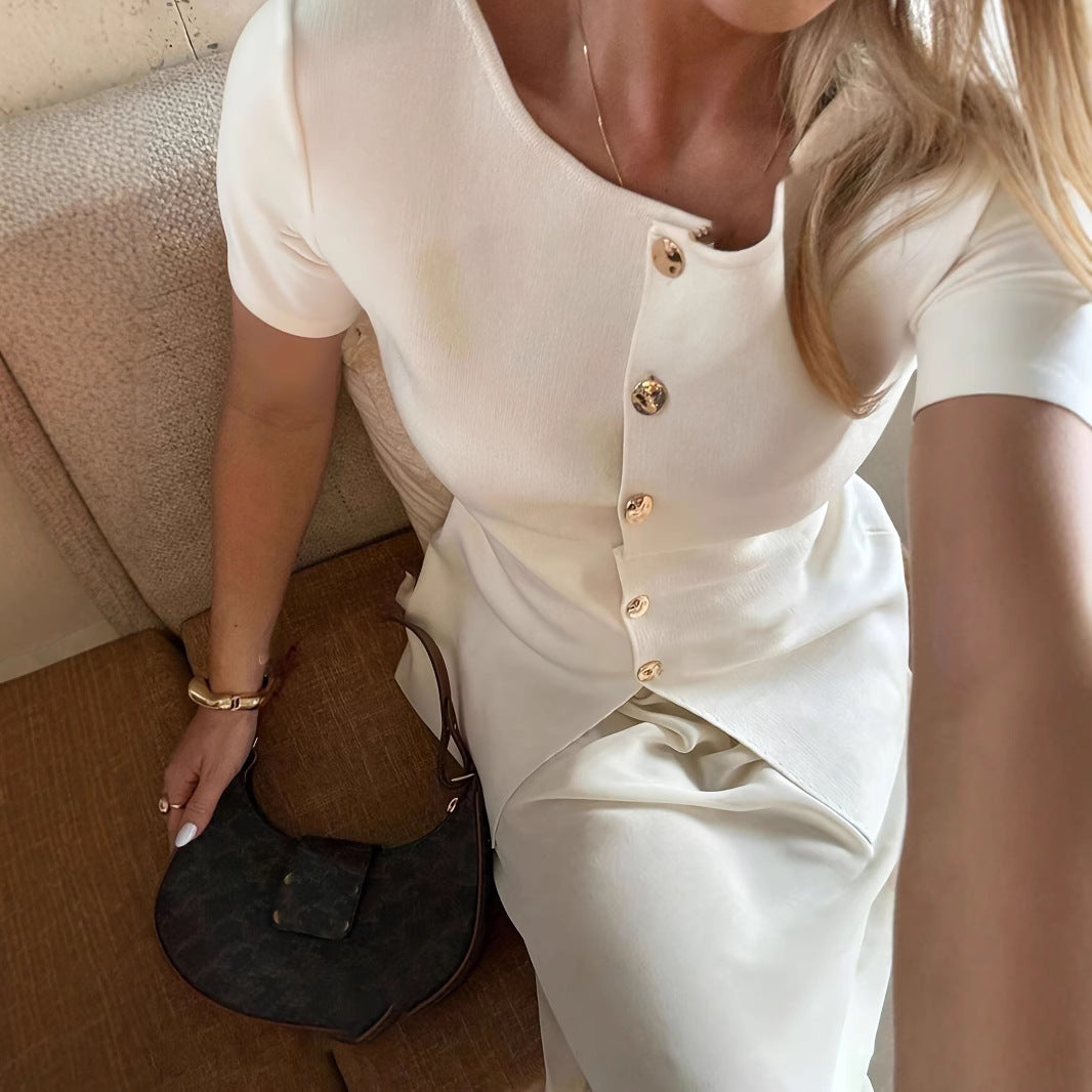 Women's Round Neck Metal Button Design Solid Color Short Sleeve