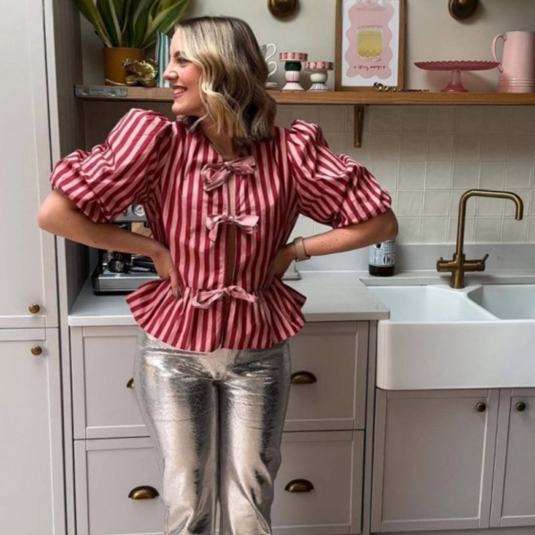 Fashion Stripes Padded Shoulder Bow Top