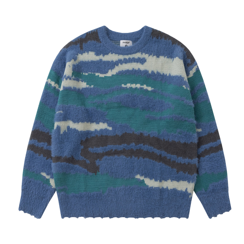 Heavy Color Matching Furry Round Neck Sweater