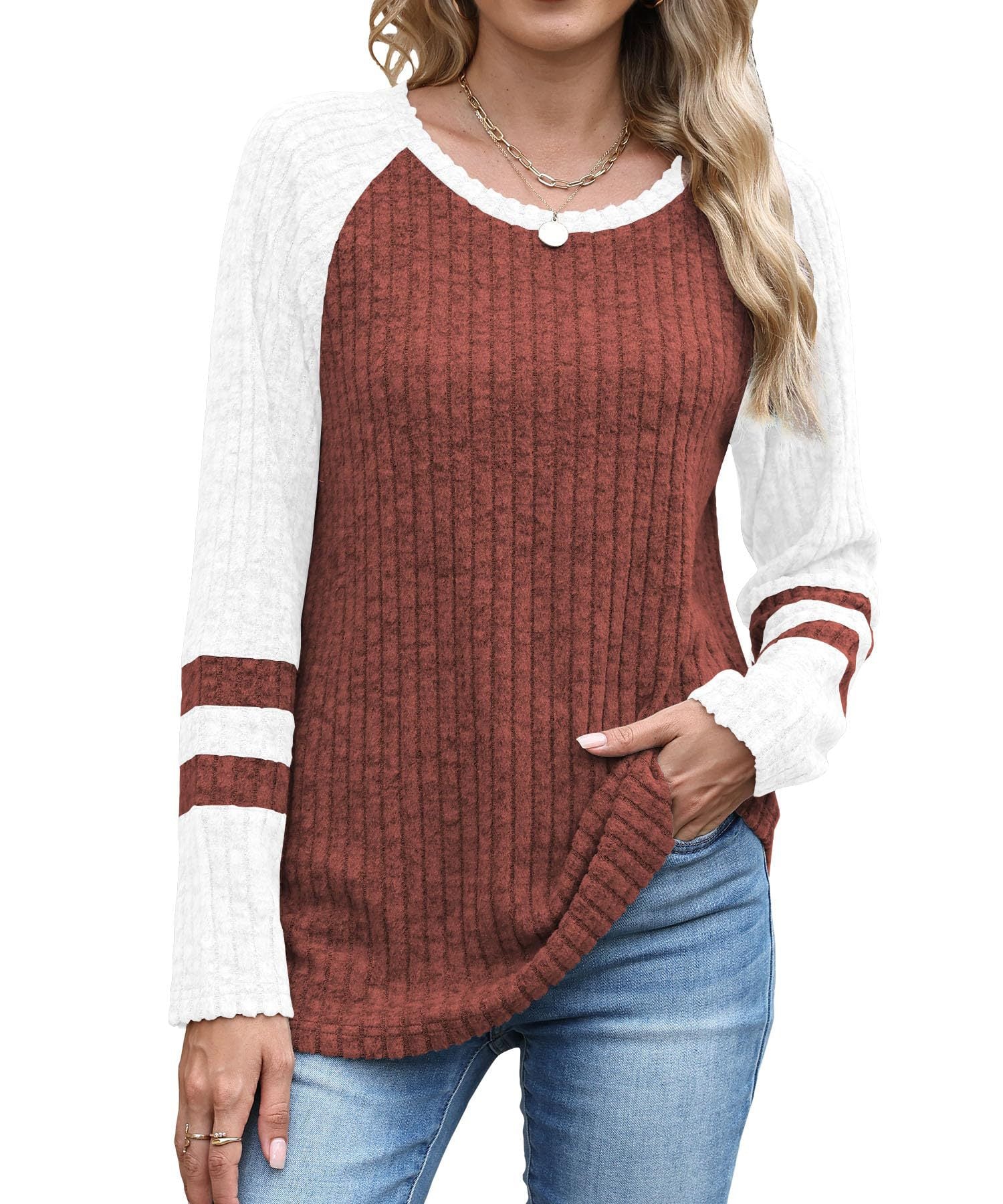 European And American Fashion Long Sleeve Contrast Color Sweater Round Neck Top