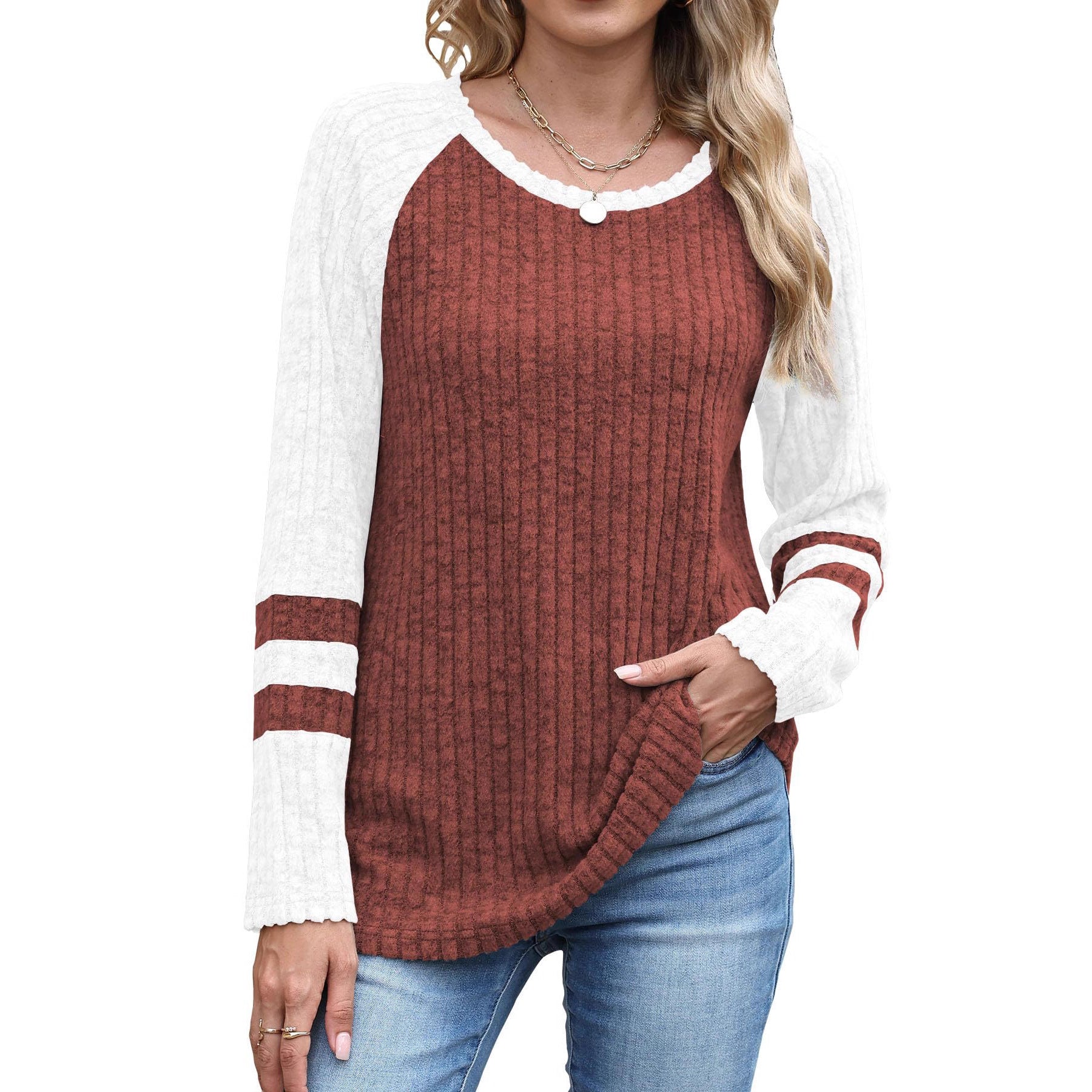 European And American Fashion Long Sleeve Contrast Color Sweater Round Neck Top